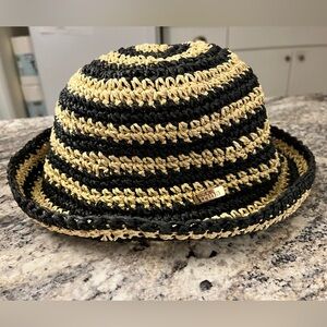Trina Turk Black and Natural Striped Crochet Sun Hat